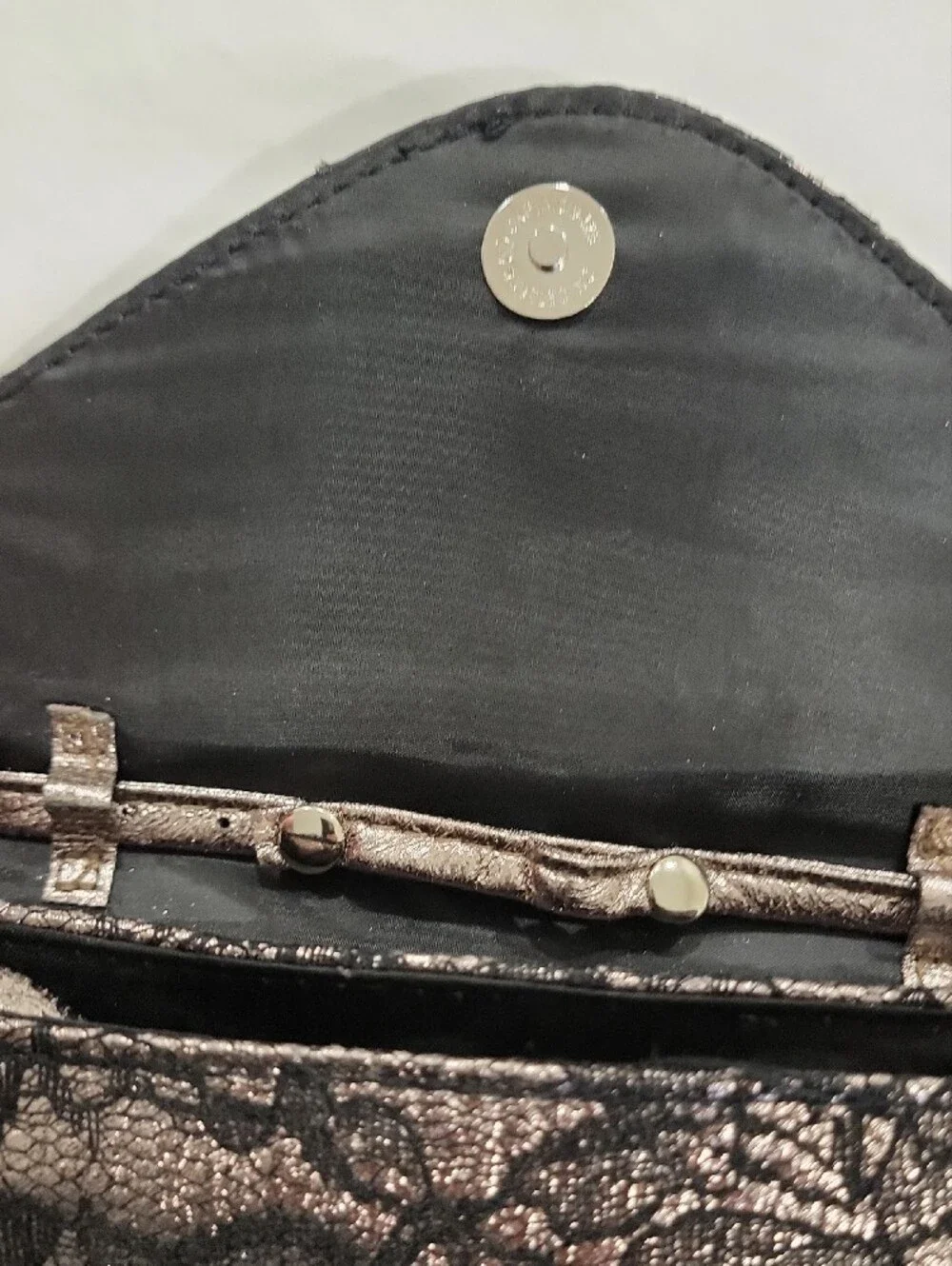 Neiman Marcus Black Lace Overlay Metallic Clutch
